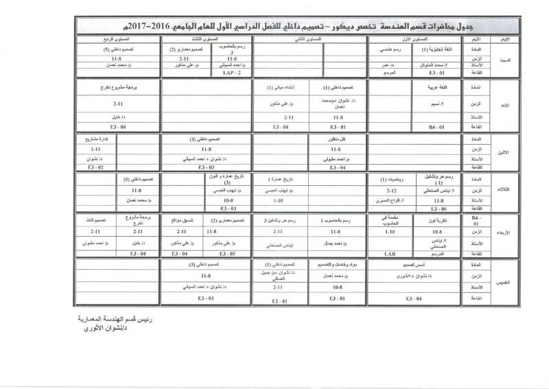 جدول المحاضرات الدراسية للعام 2016-2017 كلية الهندسه وعلوم الحاسوب (قسم الديكور)