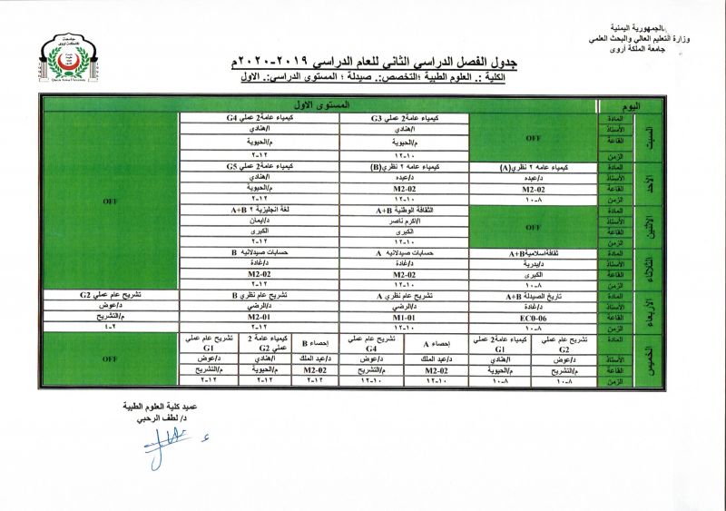 جداول محاضرات الفصل الدراسي الثاني للعام الجامعي 2020/2019م