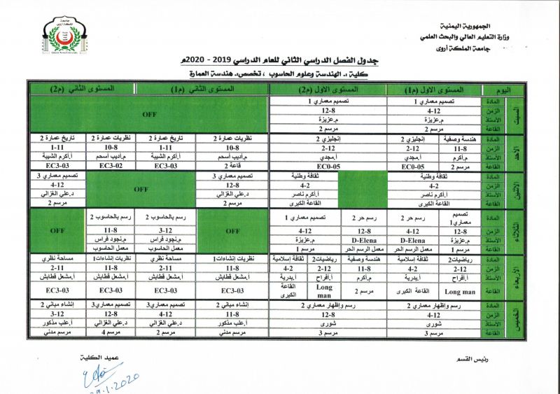 جداول محاضرات الفصل الدراسي الثاني للعام الجامعي 2020/2019م