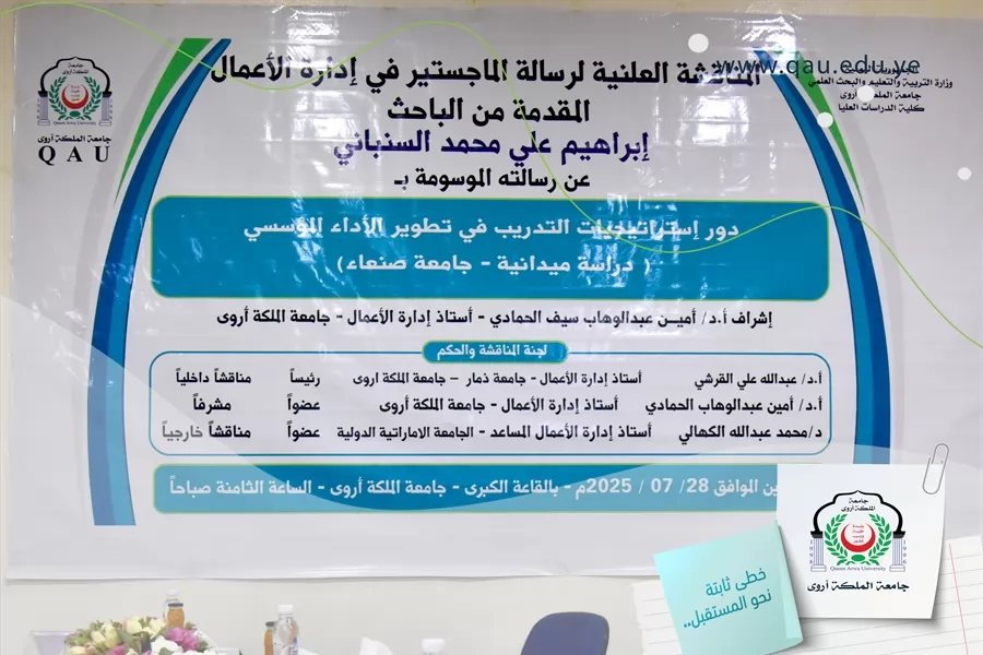 منح درجة الماجستير في إدارة الأعمال بإمتياز للطالب إبراهيم علي محمد السنباني